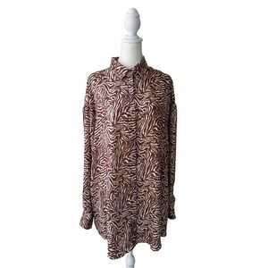 RESA Zebra Print Button Front Long Sleeve Blouse Shirt Brown Cream Size M Office